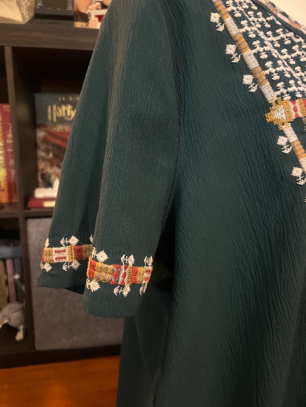 entro Teal Embroidered Floral Peasant Blouse with Pink Accents - Picture 3 of 4